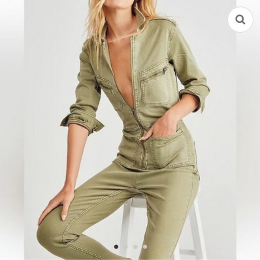 Free People Lennox Stretch Denim Jumpsuit Zip Up Large Army Green NWOT